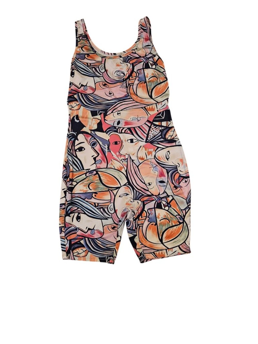 Abstract Faces Printed Sleeveless Romper Womens Medium Vibrant Multicolor Stretc